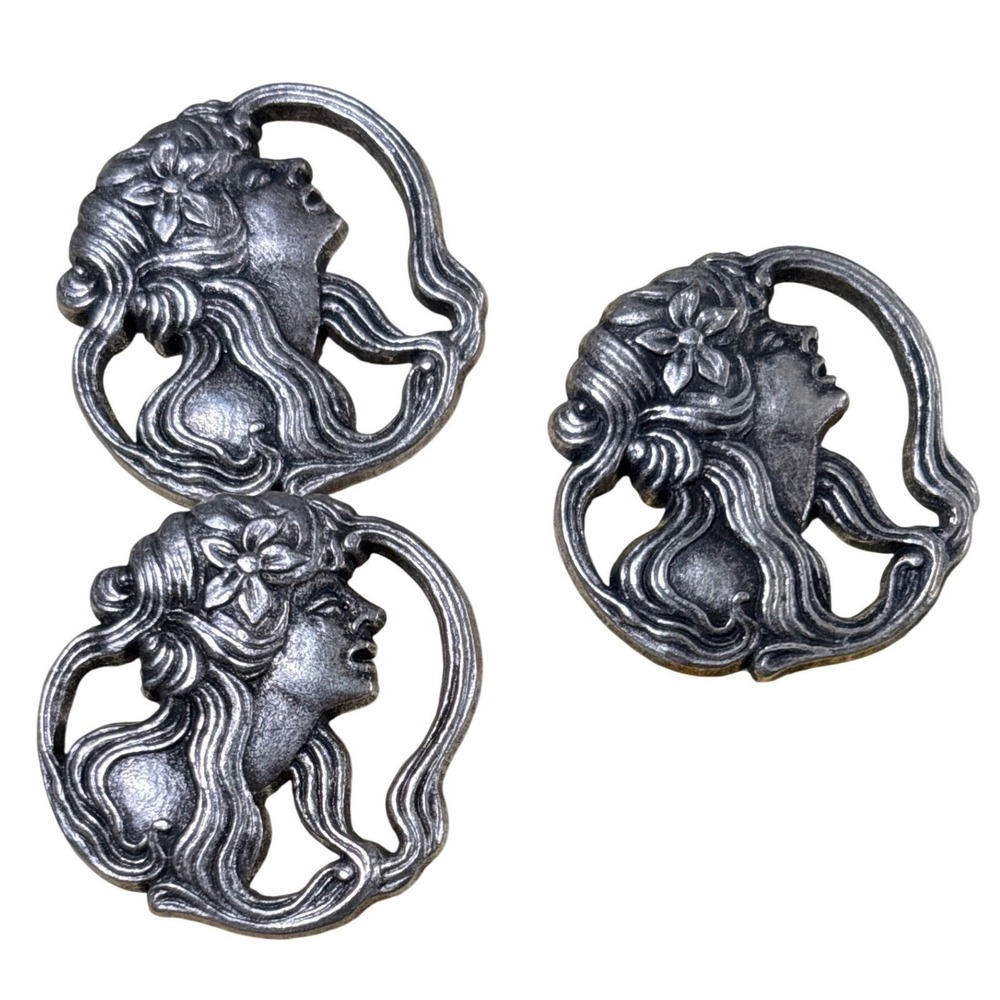 Le Bouton Art Nouveau Lady‎ Profile Buttons Silver Tone Made in Italy Set of 3
